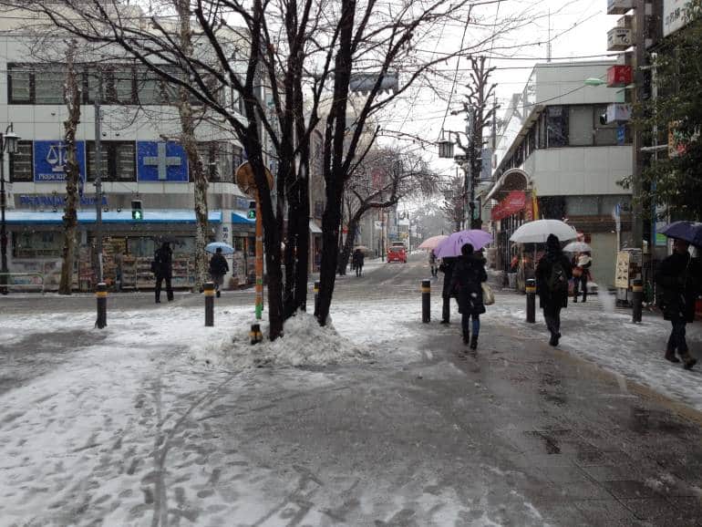 North exit of Seijogakuenmae Station on a snowy day